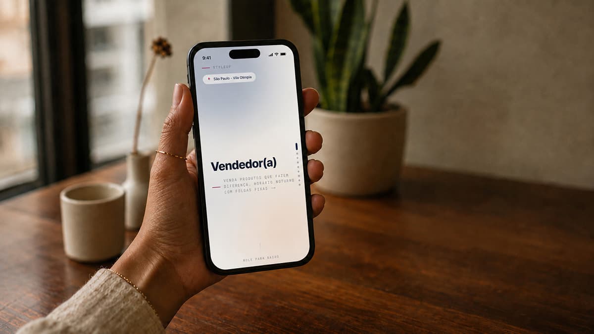 Mão de recrutadora brasileira segurando smartphone com vaga Layerless aberta