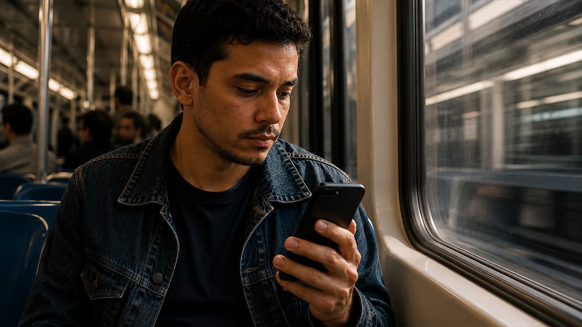 Candidato brasileiro em vagão de metrô de São Paulo consultando vaga no celular